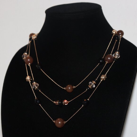 Beautiful Gold layered chain necklace with black and brown beads 19-22" - Picture 4 of 5